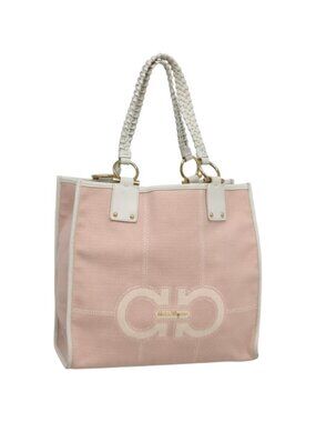 Salvatore Ferragamo Gancini Tote Bag Canvas Leather Pink White gold